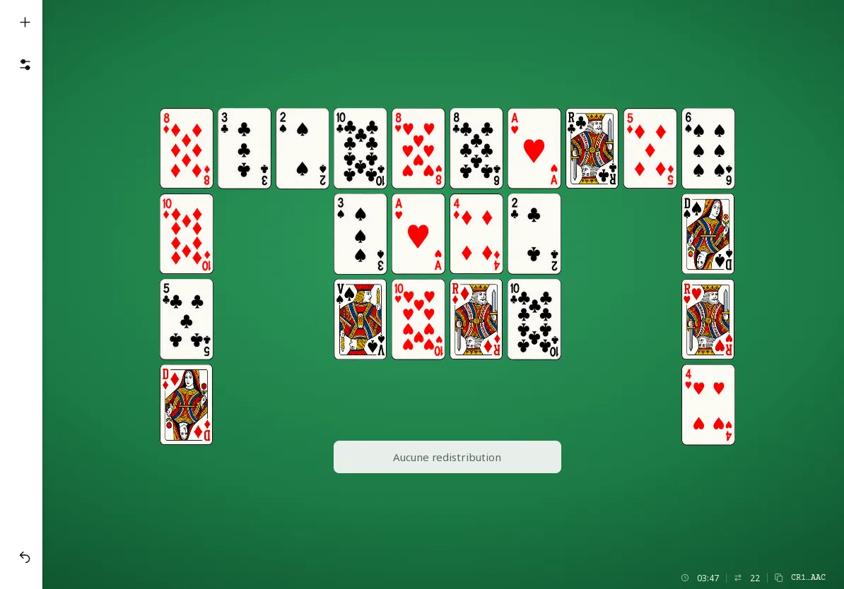 Crescent Solitaire sur tablette à l’horizontale : la même partie (22 coups, 22 cartes sur les fondations), en plus grand.
