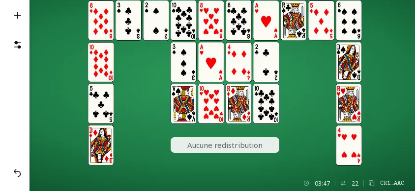 Crescent Solitaire sur téléphone à l’horizontale, partie avancée : 22 coups joués, chrono 3:47, 22 cartes sur les fondations, plus aucune redistribution.
